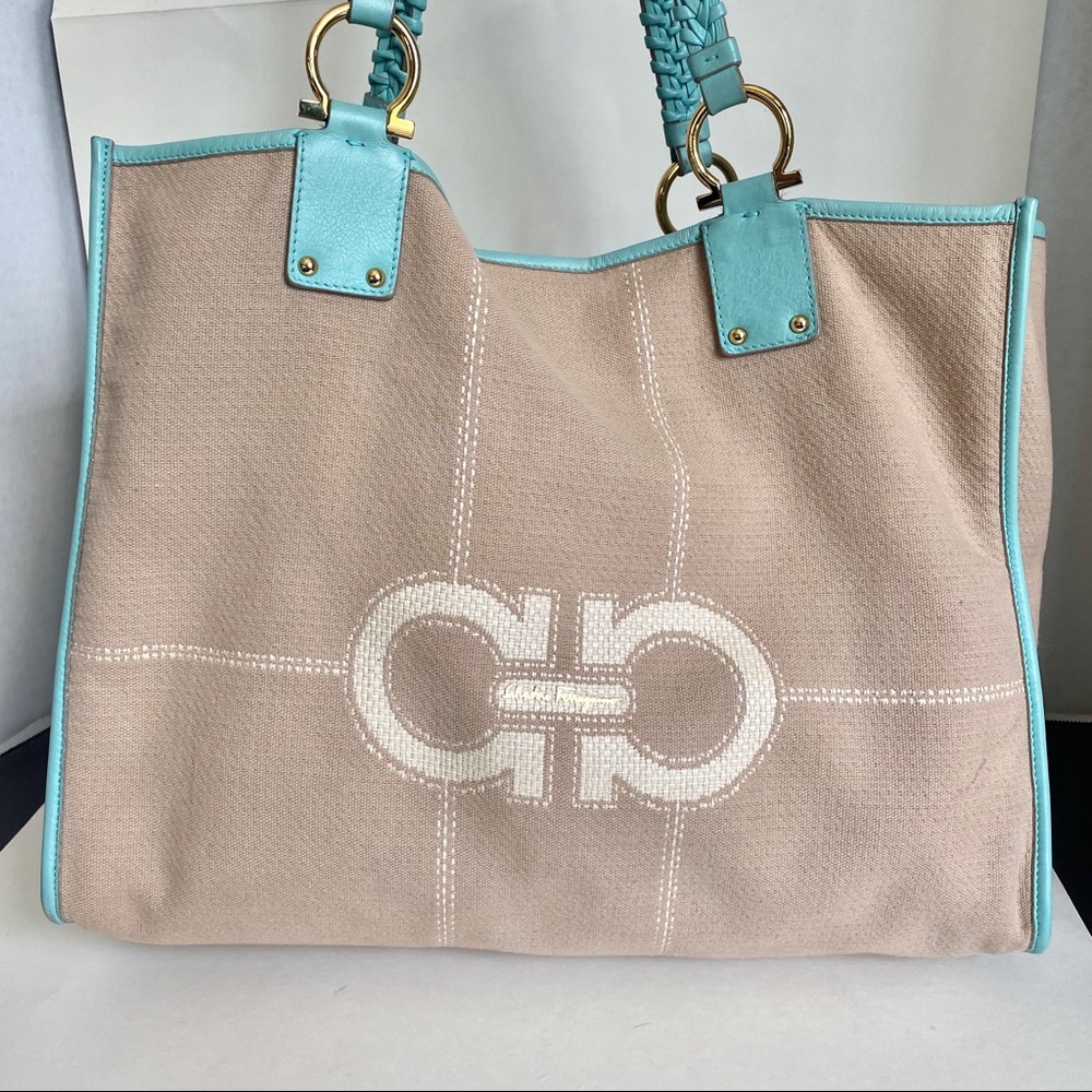 Salvatore Ferragamo Canvas and Turquoise tote